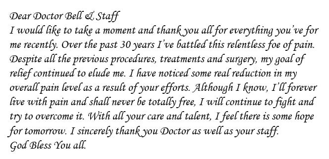 Handwritten thank-you letter to Dr. Bell and staff from a 30-year pain patient