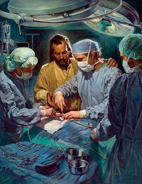 Painting depicting Jesus guiding the hands of surgeons in the operating room — The Healing Ministry of Jesus