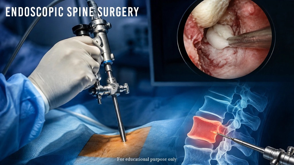 Endoscopic spine surgery procedure — surgeon with endoscope and spinal anatomy illustration