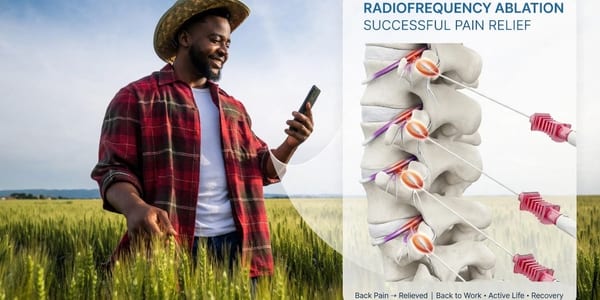 Radiofrequency ablation — farmer smiling in field with spine RFA diagram showing successful pain relief