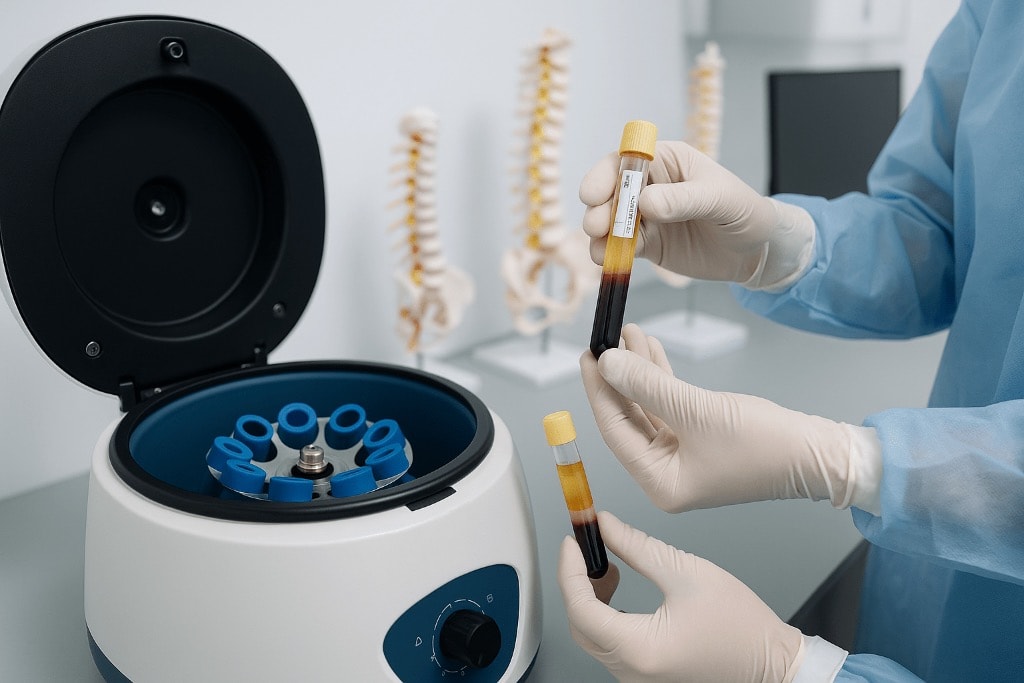 Medical professional handling blood samples with centrifuge for stem cell treatment
